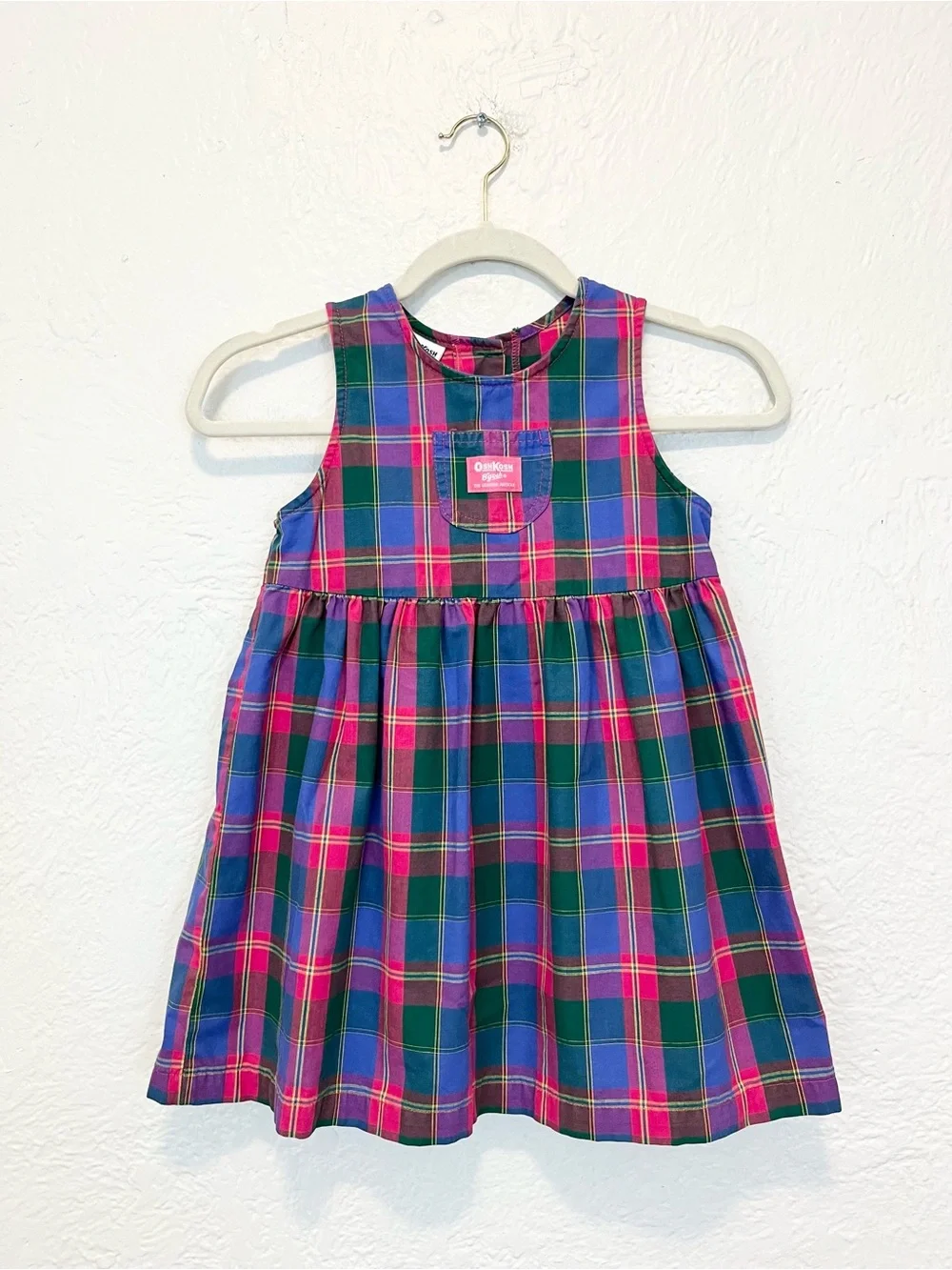 Vintage OshKosh B’gosh Girls Plaid Jumper Dress 6 USA Pink Blue